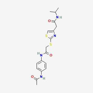 molecular formula C18H22N4O3S2 B2963506 N-(4-acetamidophenyl)-2-((4-(2-(isopropylamino)-2-oxoethyl)thiazol-2-yl)thio)acetamide CAS No. 941891-75-4