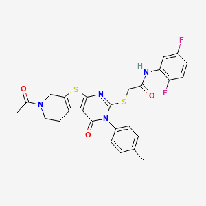 molecular formula C26H22F2N4O3S2 B2963540 2-[[11-acetyl-4-(4-methylphenyl)-3-oxo-8-thia-4,6,11-triazatricyclo[7.4.0.02,7]trideca-1(9),2(7),5-trien-5-yl]sulfanyl]-N-(2,5-difluorophenyl)acetamide CAS No. 1215539-40-4