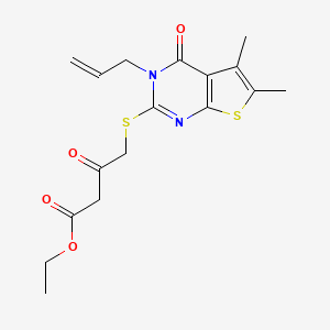 molecular formula C17H20N2O4S2 B2963765 ethyl 4-{[5,6-dimethyl-4-oxo-3-(prop-2-en-1-yl)-3H,4H-thieno[2,3-d]pyrimidin-2-yl]sulfanyl}-3-oxobutanoate CAS No. 328018-10-6