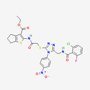 molecular formula C28H24ClFN6O6S2 B2963771 ethyl 2-{2-[(5-{[(2-chloro-6-fluorophenyl)formamido]methyl}-4-(4-nitrophenyl)-4H-1,2,4-triazol-3-yl)sulfanyl]acetamido}-4H,5H,6H-cyclopenta[b]thiophene-3-carboxylate CAS No. 393850-52-7