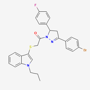 molecular formula C28H25BrFN3OS B2963840 1-(3-(4-bromophenyl)-5-(4-fluorophenyl)-4,5-dihydro-1H-pyrazol-1-yl)-2-((1-propyl-1H-indol-3-yl)thio)ethanone CAS No. 681217-04-9