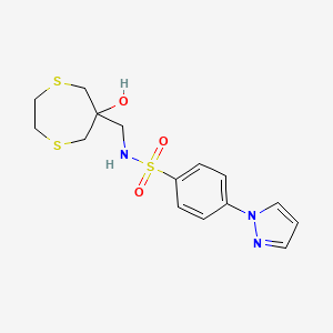 molecular formula C15H19N3O3S3 B2963997 N-[(6-hydroxy-1,4-dithiepan-6-yl)methyl]-4-(1H-pyrazol-1-yl)benzene-1-sulfonamide CAS No. 2415565-80-7