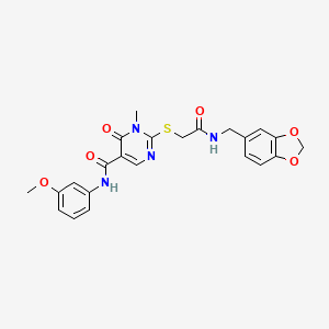 molecular formula C23H22N4O6S B2964022 2-((2-((benzo[d][1,3]dioxol-5-ylmethyl)amino)-2-oxoethyl)thio)-N-(3-methoxyphenyl)-1-methyl-6-oxo-1,6-dihydropyrimidine-5-carboxamide CAS No. 894056-94-1