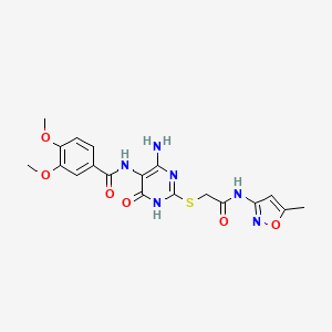 molecular formula C19H20N6O6S B2964067 N-(4-amino-2-((2-((5-methylisoxazol-3-yl)amino)-2-oxoethyl)thio)-6-oxo-1,6-dihydropyrimidin-5-yl)-3,4-dimethoxybenzamide CAS No. 865723-49-5