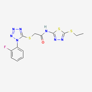 molecular formula C13H12FN7OS3 B2964149 N-(5-(ethylthio)-1,3,4-thiadiazol-2-yl)-2-((1-(2-fluorophenyl)-1H-tetrazol-5-yl)thio)acetamide CAS No. 838887-03-9