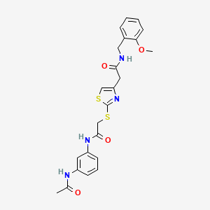 molecular formula C23H24N4O4S2 B2964161 2-[2-({[(3-acetamidophenyl)carbamoyl]methyl}sulfanyl)-1,3-thiazol-4-yl]-N-[(2-methoxyphenyl)methyl]acetamide CAS No. 954039-74-8