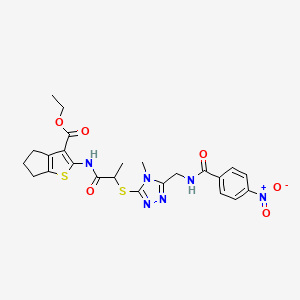 molecular formula C24H26N6O6S2 B2964304 ethyl 2-{2-[(4-methyl-5-{[(4-nitrophenyl)formamido]methyl}-4H-1,2,4-triazol-3-yl)sulfanyl]propanamido}-4H,5H,6H-cyclopenta[b]thiophene-3-carboxylate CAS No. 393814-83-0