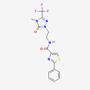 molecular formula C16H14F3N5O2S B2964344 N-(2-(4-methyl-5-oxo-3-(trifluoromethyl)-4,5-dihydro-1H-1,2,4-triazol-1-yl)ethyl)-2-phenylthiazole-4-carboxamide CAS No. 1421528-80-4
