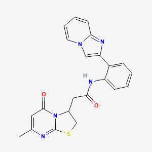 molecular formula C22H19N5O2S B2964527 N-(2-{imidazo[1,2-a]pyridin-2-yl}phenyl)-2-{7-methyl-5-oxo-2H,3H,5H-[1,3]thiazolo[3,2-a]pyrimidin-3-yl}acetamide CAS No. 2320682-81-1