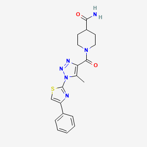 molecular formula C19H20N6O2S B2964553 1-(5-methyl-1-(4-phenylthiazol-2-yl)-1H-1,2,3-triazole-4-carbonyl)piperidine-4-carboxamide CAS No. 1251576-44-9