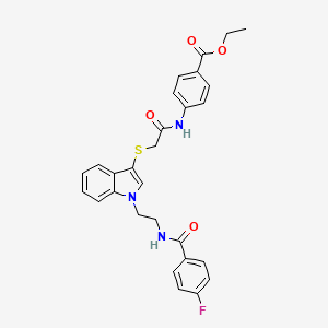 molecular formula C28H26FN3O4S B2964642 ethyl 4-{2-[(1-{2-[(4-fluorophenyl)formamido]ethyl}-1H-indol-3-yl)sulfanyl]acetamido}benzoate CAS No. 443333-27-5