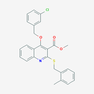 molecular formula C26H22ClNO3S B2964731 methyl 4-[(3-chlorophenyl)methoxy]-2-{[(2-methylphenyl)methyl]sulfanyl}quinoline-3-carboxylate CAS No. 932540-96-0