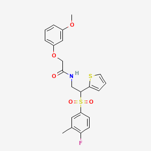 molecular formula C22H22FNO5S2 B2964884 N-[2-(4-fluoro-3-methylbenzenesulfonyl)-2-(thiophen-2-yl)ethyl]-2-(3-methoxyphenoxy)acetamide CAS No. 946348-97-6