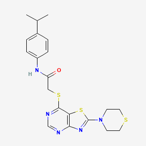 molecular formula C20H23N5OS3 B2964904 N-[4-(propan-2-yl)phenyl]-2-{[2-(thiomorpholin-4-yl)-[1,3]thiazolo[4,5-d]pyrimidin-7-yl]sulfanyl}acetamide CAS No. 1189921-03-6