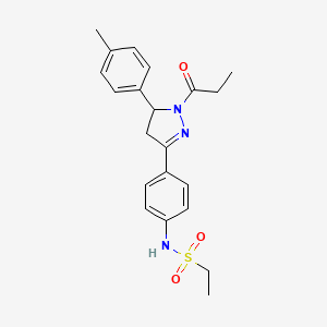 molecular formula C21H25N3O3S B2965015 N-(4-(1-propionyl-5-(p-tolyl)-4,5-dihydro-1H-pyrazol-3-yl)phenyl)ethanesulfonamide CAS No. 852141-27-6