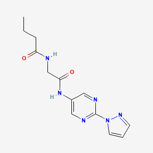 molecular formula C13H16N6O2 B2965115 N-(2-((2-(1H-pyrazol-1-yl)pyrimidin-5-yl)amino)-2-oxoethyl)butyramide CAS No. 1796991-82-6