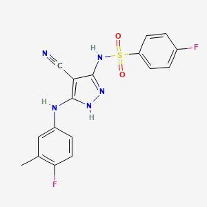 molecular formula C17H13F2N5O2S B2965119 N-[4-cyano-3-(4-fluoro-3-methylanilino)-1H-pyrazol-5-yl]-4-fluorobenzenesulfonamide CAS No. 1031703-86-2