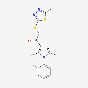 molecular formula C17H16FN3OS2 B2965184 1-(1-(2-fluorophenyl)-2,5-dimethyl-1H-pyrrol-3-yl)-2-((5-methyl-1,3,4-thiadiazol-2-yl)thio)ethanone CAS No. 671200-49-0