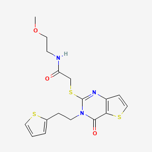 molecular formula C17H19N3O3S3 B2965192 N-(2-methoxyethyl)-2-({4-oxo-3-[2-(thiophen-2-yl)ethyl]-3,4-dihydrothieno[3,2-d]pyrimidin-2-yl}sulfanyl)acetamide CAS No. 1260919-45-6