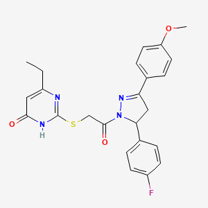 molecular formula C24H23FN4O3S B2965204 6-ethyl-2-((2-(5-(4-fluorophenyl)-3-(4-methoxyphenyl)-4,5-dihydro-1H-pyrazol-1-yl)-2-oxoethyl)thio)pyrimidin-4(3H)-one CAS No. 899990-64-8