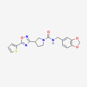 molecular formula C19H18N4O4S B2965394 N-(benzo[d][1,3]dioxol-5-ylmethyl)-3-(5-(thiophen-2-yl)-1,2,4-oxadiazol-3-yl)pyrrolidine-1-carboxamide CAS No. 2034370-66-4