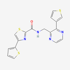 molecular formula C17H12N4OS3 B2965525 4-(thiophen-2-yl)-N-((3-(thiophen-3-yl)pyrazin-2-yl)methyl)thiazole-2-carboxamide CAS No. 2034470-49-8