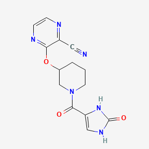 molecular formula C14H14N6O3 B2965552 3-((1-(2-oxo-2,3-dihydro-1H-imidazole-4-carbonyl)piperidin-3-yl)oxy)pyrazine-2-carbonitrile CAS No. 2034230-12-9