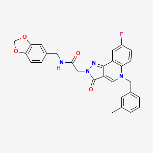molecular formula C28H23FN4O4 B2965572 N-[(2H-1,3-benzodioxol-5-yl)methyl]-2-{8-fluoro-5-[(3-methylphenyl)methyl]-3-oxo-2H,3H,5H-pyrazolo[4,3-c]quinolin-2-yl}acetamide CAS No. 931737-49-4