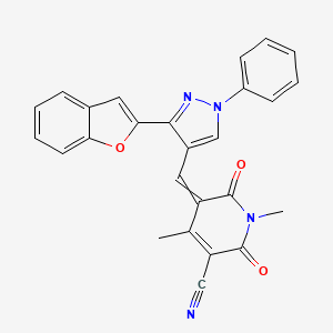 molecular formula C26H18N4O3 B2965810 5-{[3-(1-benzofuran-2-yl)-1-phenyl-1H-pyrazol-4-yl]methylidene}-1,4-dimethyl-2,6-dioxo-1,2,5,6-tetrahydropyridine-3-carbonitrile CAS No. 1010871-86-9
