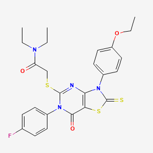 molecular formula C25H25FN4O3S3 B2965831 2-{[3-(4-ethoxyphenyl)-6-(4-fluorophenyl)-7-oxo-2-sulfanylidene-2H,3H,6H,7H-[1,3]thiazolo[4,5-d]pyrimidin-5-yl]sulfanyl}-N,N-diethylacetamide CAS No. 422299-90-9