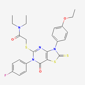 molecular formula C25H25FN4O3S3 B2965831 2-[[3-(4-ethoxyphenyl)-6-(4-fluorophenyl)-7-oxo-2-sulfanylidene-[1,3]thiazolo[4,5-d]pyrimidin-5-yl]sulfanyl]-N,N-diethylacetamide CAS No. 422299-90-9