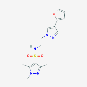 molecular formula C15H19N5O3S B2965949 N-(2-(4-(furan-2-yl)-1H-pyrazol-1-yl)ethyl)-1,3,5-trimethyl-1H-pyrazole-4-sulfonamide CAS No. 2034551-91-0