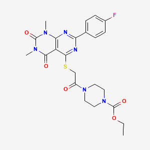 molecular formula C23H25FN6O5S B2966013 Ethyl 4-(2-((2-(4-fluorophenyl)-6,8-dimethyl-5,7-dioxo-5,6,7,8-tetrahydropyrimido[4,5-d]pyrimidin-4-yl)thio)acetyl)piperazine-1-carboxylate CAS No. 852169-79-0