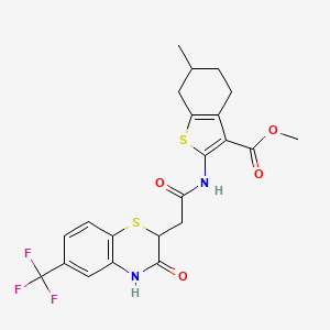 molecular formula C22H21F3N2O4S2 B2966195 methyl 6-methyl-2-{2-[3-oxo-6-(trifluoromethyl)-3,4-dihydro-2H-1,4-benzothiazin-2-yl]acetamido}-4,5,6,7-tetrahydro-1-benzothiophene-3-carboxylate CAS No. 685130-40-9