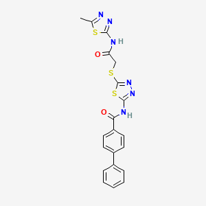 molecular formula C20H16N6O2S3 B2966254 N-(5-((2-((5-methyl-1,3,4-thiadiazol-2-yl)amino)-2-oxoethyl)thio)-1,3,4-thiadiazol-2-yl)-[1,1'-biphenyl]-4-carboxamide CAS No. 392319-38-9
