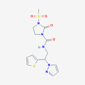 molecular formula C14H17N5O4S2 B2966486 N-(2-(1H-pyrazol-1-yl)-2-(thiophen-2-yl)ethyl)-3-(methylsulfonyl)-2-oxoimidazolidine-1-carboxamide CAS No. 2034542-54-4