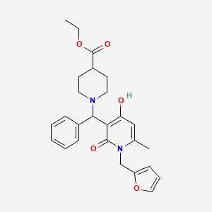 molecular formula C26H30N2O5 B2966499 Ethyl 1-((1-(furan-2-ylmethyl)-4-hydroxy-6-methyl-2-oxo-1,2-dihydropyridin-3-yl)(phenyl)methyl)piperidine-4-carboxylate CAS No. 904826-55-7