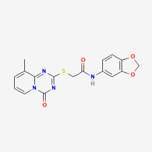 molecular formula C17H14N4O4S B2966820 N-(2H-1,3-benzodioxol-5-yl)-2-({9-methyl-4-oxo-4H-pyrido[1,2-a][1,3,5]triazin-2-yl}sulfanyl)acetamide CAS No. 896340-87-7