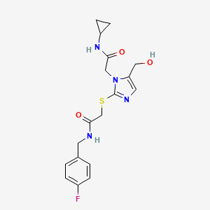 molecular formula C18H21FN4O3S B2966853 2-({1-[(cyclopropylcarbamoyl)methyl]-5-(hydroxymethyl)-1H-imidazol-2-yl}sulfanyl)-N-[(4-fluorophenyl)methyl]acetamide CAS No. 921795-63-3