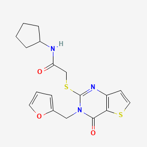 molecular formula C18H19N3O3S2 B2966856 N-cyclopentyl-2-({3-[(furan-2-yl)methyl]-4-oxo-3H,4H-thieno[3,2-d]pyrimidin-2-yl}sulfanyl)acetamide CAS No. 1326911-32-3