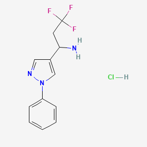 molecular formula C12H13ClF3N3 B2966969 3,3,3-Trifluoro-1-(1-phenyl-1H-pyrazol-4-yl)propan-1-amine hydrochloride CAS No. 1820664-68-3
