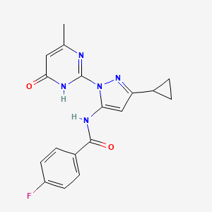 molecular formula C18H16FN5O2 B2967040 N-(3-cyclopropyl-1-(4-methyl-6-oxo-1,6-dihydropyrimidin-2-yl)-1H-pyrazol-5-yl)-4-fluorobenzamide CAS No. 1203123-10-7