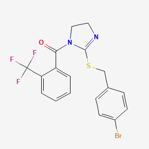 molecular formula C18H14BrF3N2OS B2967216 [2-[(4-Bromophenyl)methylsulfanyl]-4,5-dihydroimidazol-1-yl]-[2-(trifluoromethyl)phenyl]methanone CAS No. 851800-72-1