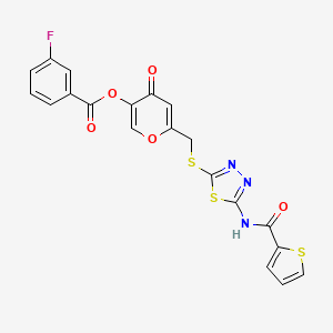 molecular formula C20H12FN3O5S3 B2967401 4-oxo-6-(((5-(thiophene-2-carboxamido)-1,3,4-thiadiazol-2-yl)thio)methyl)-4H-pyran-3-yl 3-fluorobenzoate CAS No. 877642-88-1