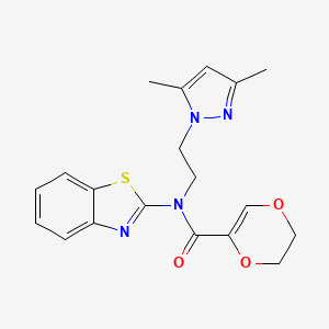 molecular formula C19H20N4O3S B2967427 N-(1,3-benzothiazol-2-yl)-N-[2-(3,5-dimethyl-1H-pyrazol-1-yl)ethyl]-5,6-dihydro-1,4-dioxine-2-carboxamide CAS No. 1172046-68-2
