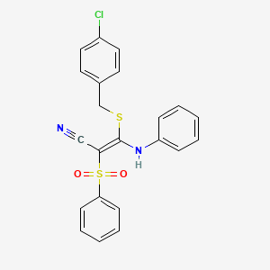 molecular formula C22H17ClN2O2S2 B2967595 (2E)-2-(BENZENESULFONYL)-3-{[(4-CHLOROPHENYL)METHYL]SULFANYL}-3-(PHENYLAMINO)PROP-2-ENENITRILE CAS No. 866347-07-1