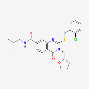 B2967698 2-((2-chlorobenzyl)thio)-N-isobutyl-4-oxo-3-((tetrahydrofuran-2-yl)methyl)-3,4-dihydroquinazoline-7-carboxamide CAS No. 1111293-37-8