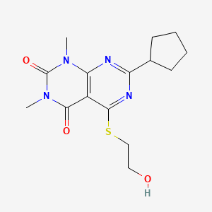 molecular formula C15H20N4O3S B2967796 7-cyclopentyl-5-[(2-hydroxyethyl)sulfanyl]-1,3-dimethyl-1H,2H,3H,4H-[1,3]diazino[4,5-d]pyrimidine-2,4-dione CAS No. 893908-06-0