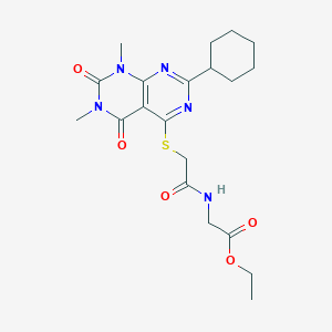 molecular formula C20H27N5O5S B2967894 Ethyl 2-(2-((2-cyclohexyl-6,8-dimethyl-5,7-dioxo-5,6,7,8-tetrahydropyrimido[4,5-d]pyrimidin-4-yl)thio)acetamido)acetate CAS No. 893915-03-2