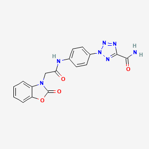 molecular formula C17H13N7O4 B2968012 2-(4-(2-(2-oxobenzo[d]oxazol-3(2H)-yl)acetamido)phenyl)-2H-tetrazole-5-carboxamide CAS No. 1396635-91-8